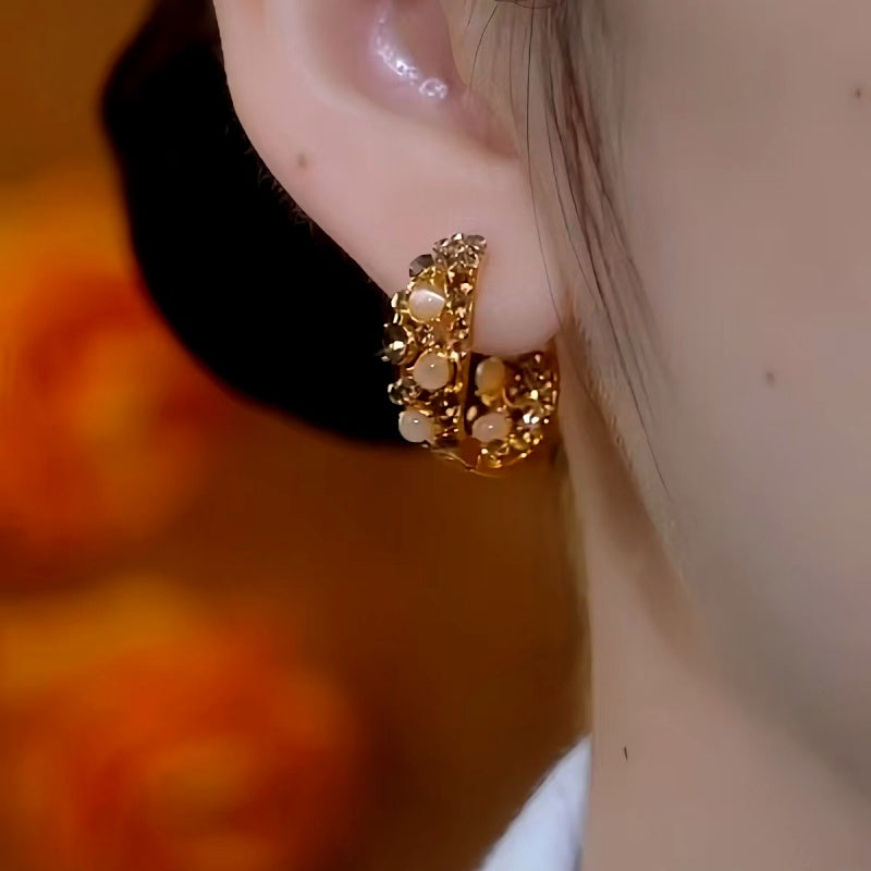 💐Mother's Day Pre-sale💝14K Gold-Plated Cat's Eye Stone Full Diamond Hoop Earrings