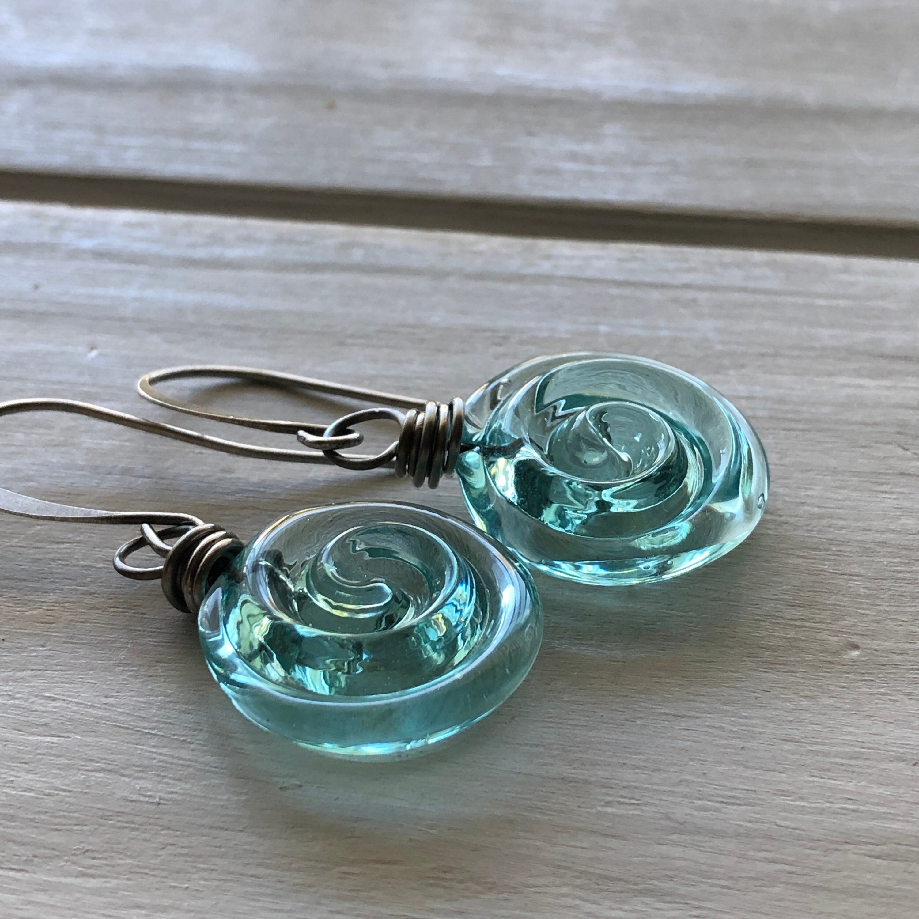 Recycled Glass Spiral Earrings: Upcycled Mason Jar Dangles