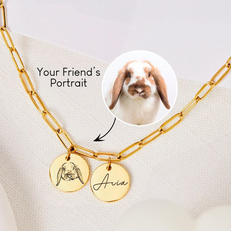 Pet memorial necklace with custom dog and cat portraits, perfect as a sentimental gift for pet loss. Features a paperclip chain, ideal for women. Thoughtful Christmas gift or personalized pet portrait gift for her to cherish beloved pets.