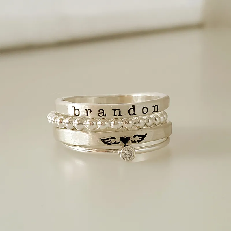 FOR MEMORIAL - MAMA OF AN ANGEL WINGS STACKED CUSTOM S925 SILVER RING