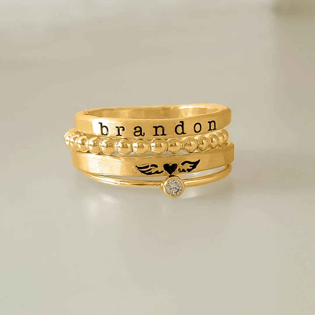 FOR MEMORIAL - MAMA OF AN ANGEL WINGS STACKED CUSTOM S925 SILVER RING