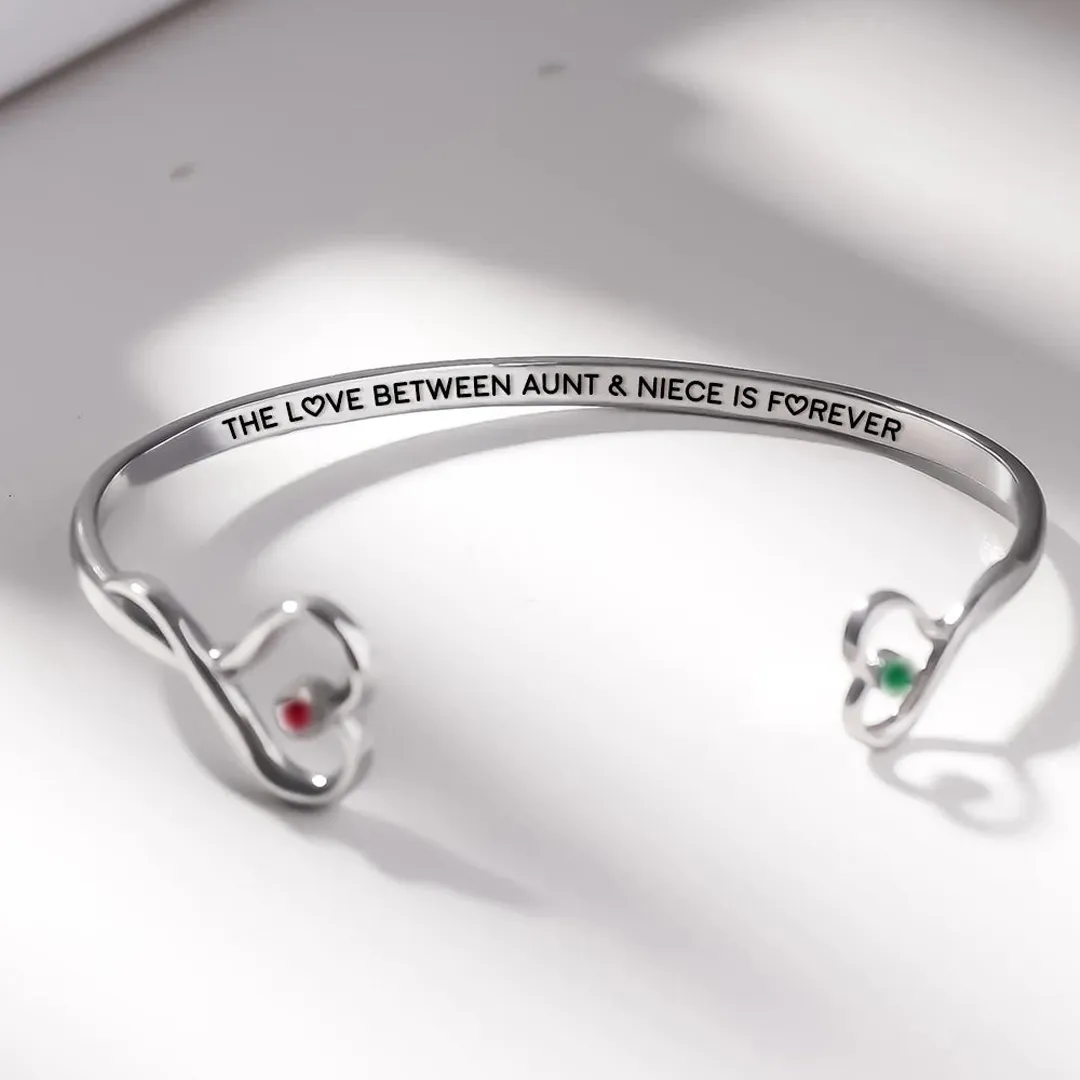 THE LOVE BETWEEN AUNT & NIECE IS FOREVER DOUBLE HEARTS CUSTOM BIRTHSTONES BRACELET
