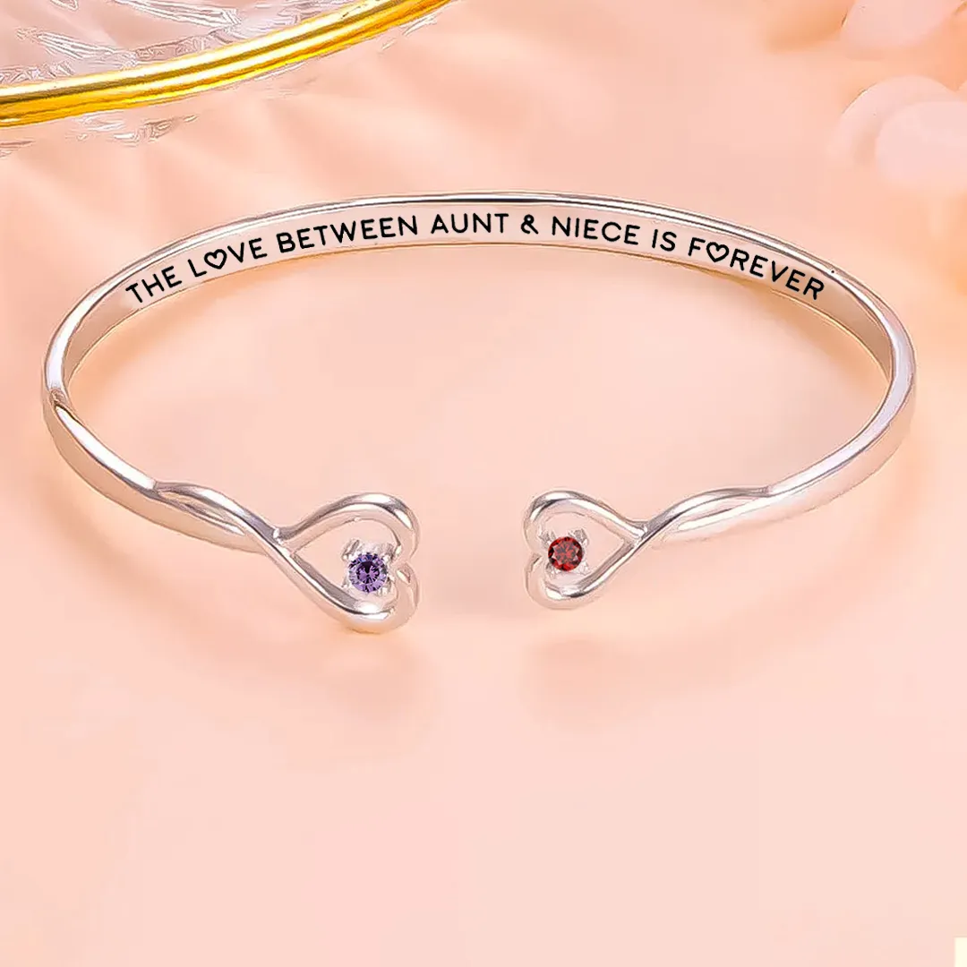 THE LOVE BETWEEN AUNT & NIECE IS FOREVER DOUBLE HEARTS CUSTOM BIRTHSTONES BRACELET