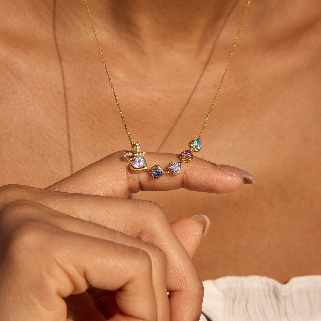 Mama's Heartbeats Mom And 1-6 Birthstone Bow Necklace