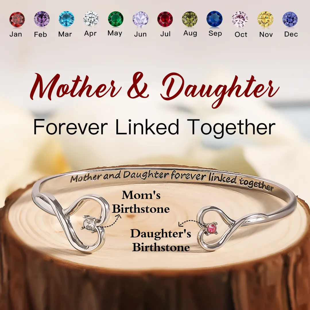 MOTHER AND DAUGHTER FOREVER LINK DOUBLE HEART CUSTOM BIRTHSTONE BRACELET