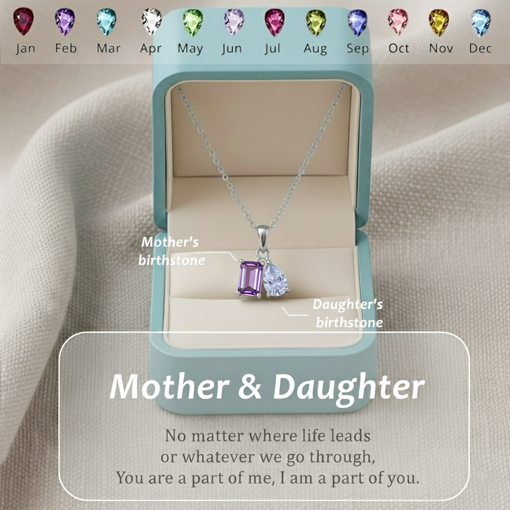 MOTHER AND DAUGHTER FOREVER LINKED TOGETHER CUSTOM BIRTHSTONES NECKLACE