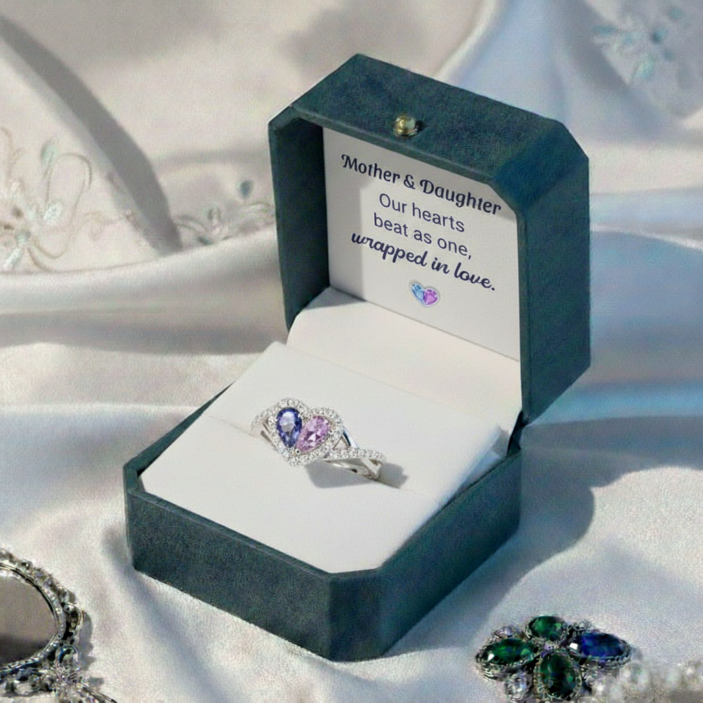 Mother And Daughter Dual Teardrop Birthstone Heart Ring