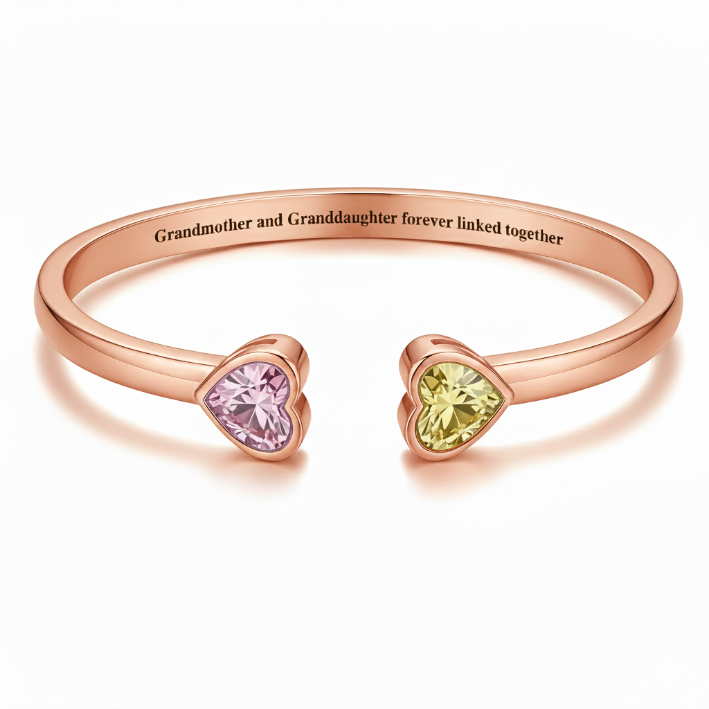 Grandmother&Granddaughter Double Heart Custom Birthstones Bracelet 