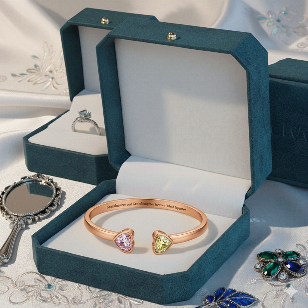 Grandmother&Granddaughter Double Heart Custom Birthstones Bracelet 