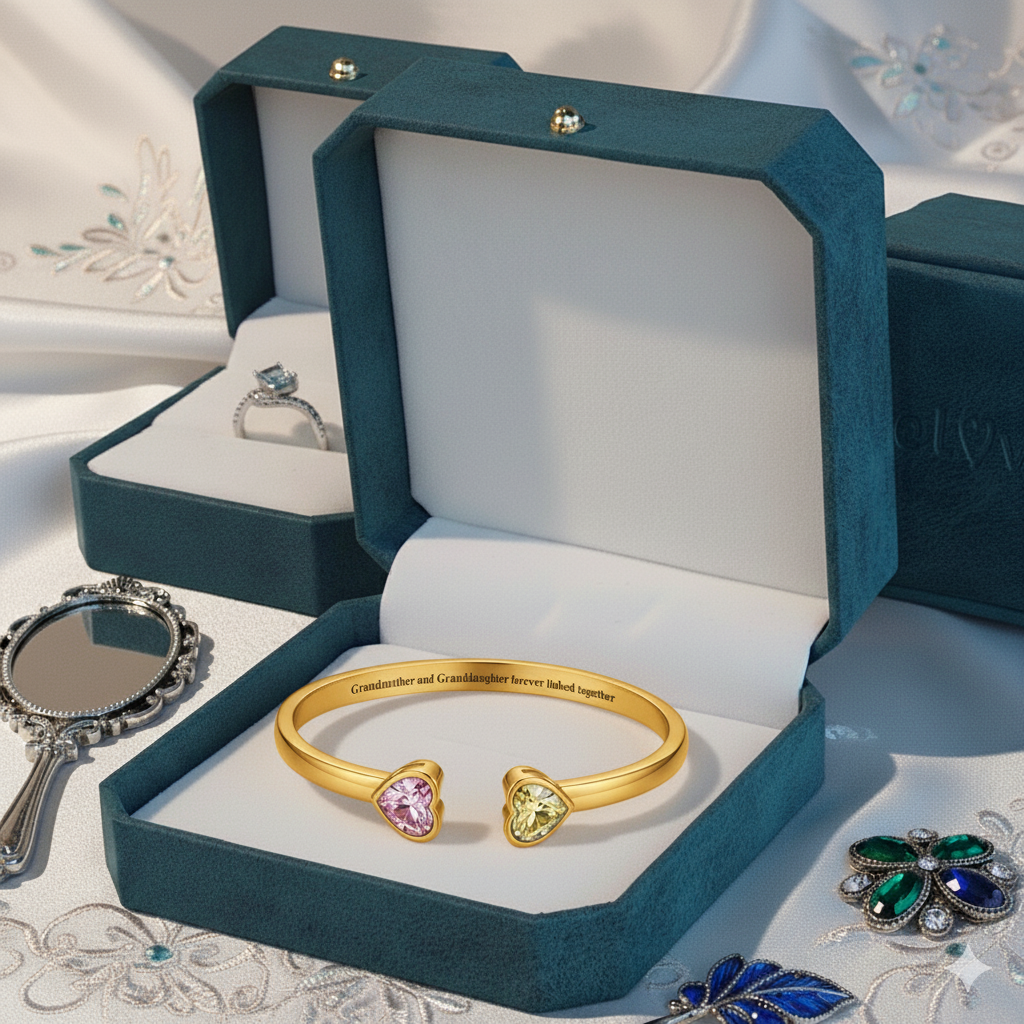 Grandmother&Granddaughter Double Heart Custom Birthstones Bracelet 