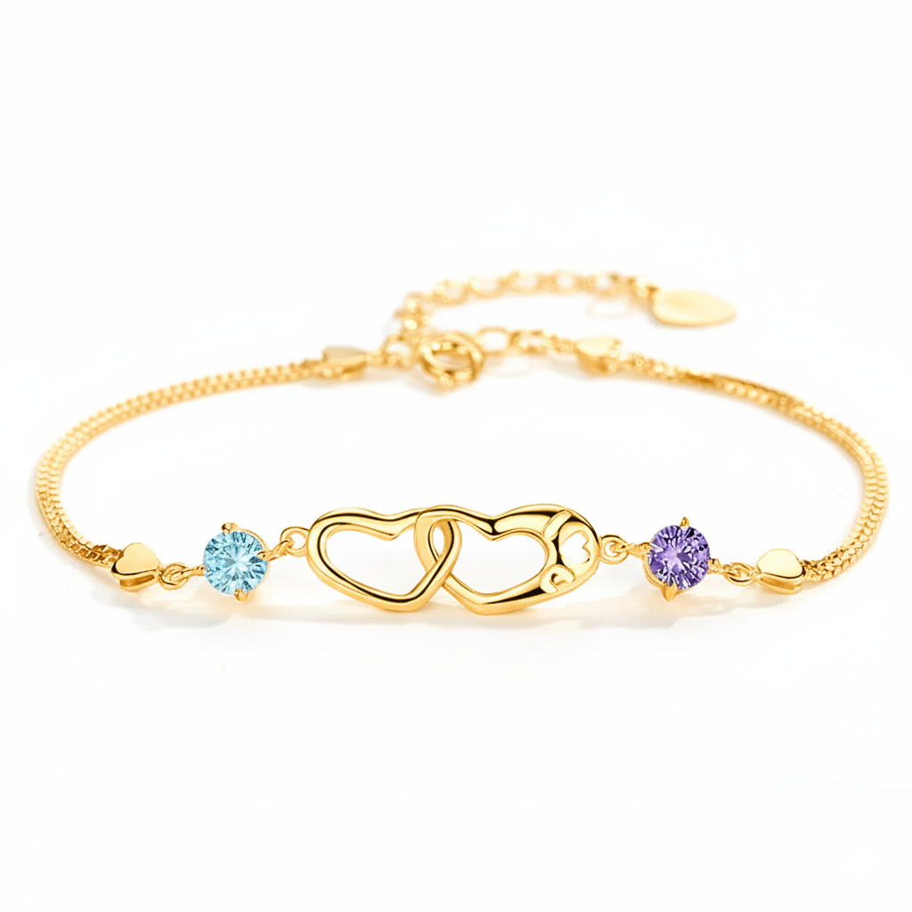 Mother And Daughter Birthstone Custom Double Heart Bracelet
