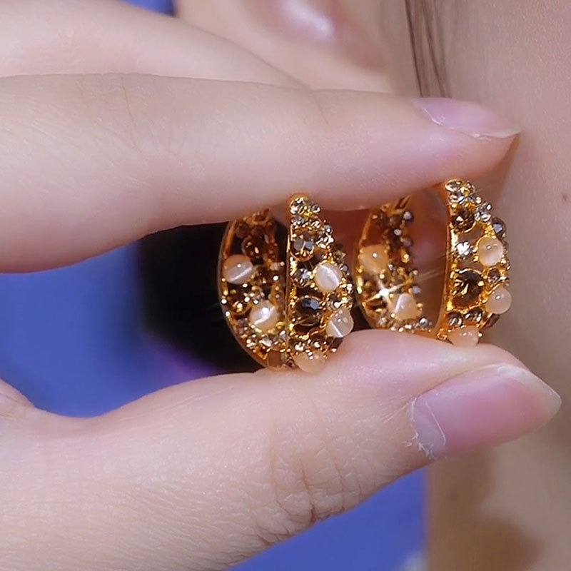 💐Mother's Day Pre-sale💝14K Gold-Plated Cat's Eye Stone Full Diamond Hoop Earrings