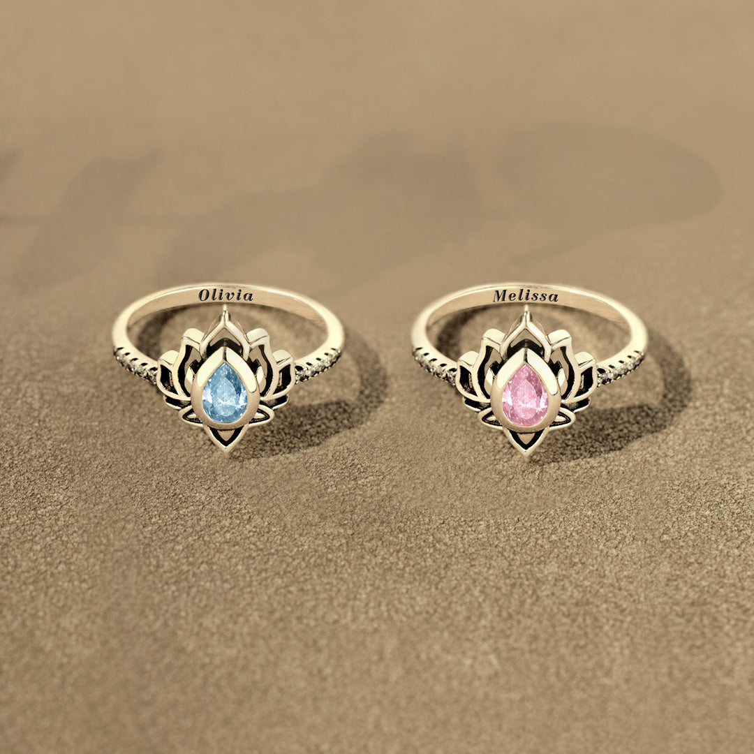 Personalized Name And Birthstone Lotus Ring