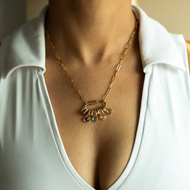 Carabiner Personalized Name Birthstone Necklace 
