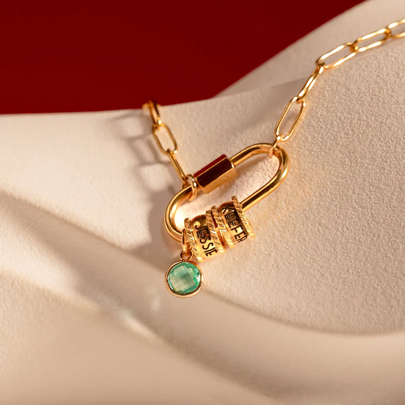 Carabiner Personalized Name Birthstone Necklace 