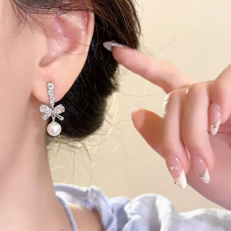 🎄Christmas Hot Sale✨Shiny Bow Pearl Earrings
