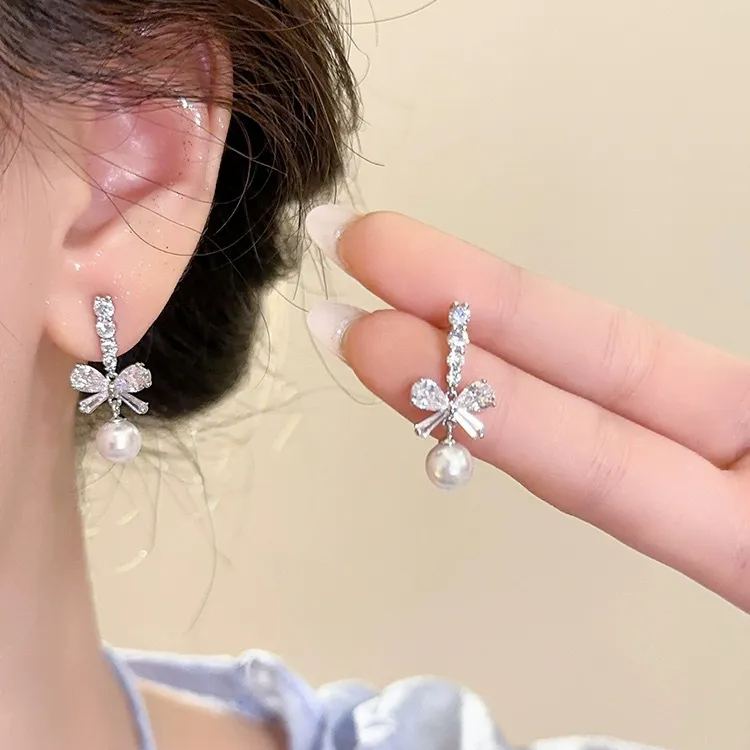 🎄Christmas Hot Sale✨Shiny Bow Pearl Earrings