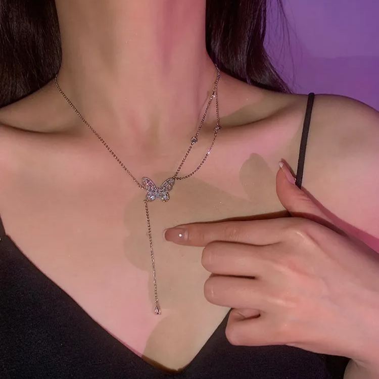 🌸2024 Spring Hot Sale✨Sparkling Zircon Butterfly Tassel Necklace