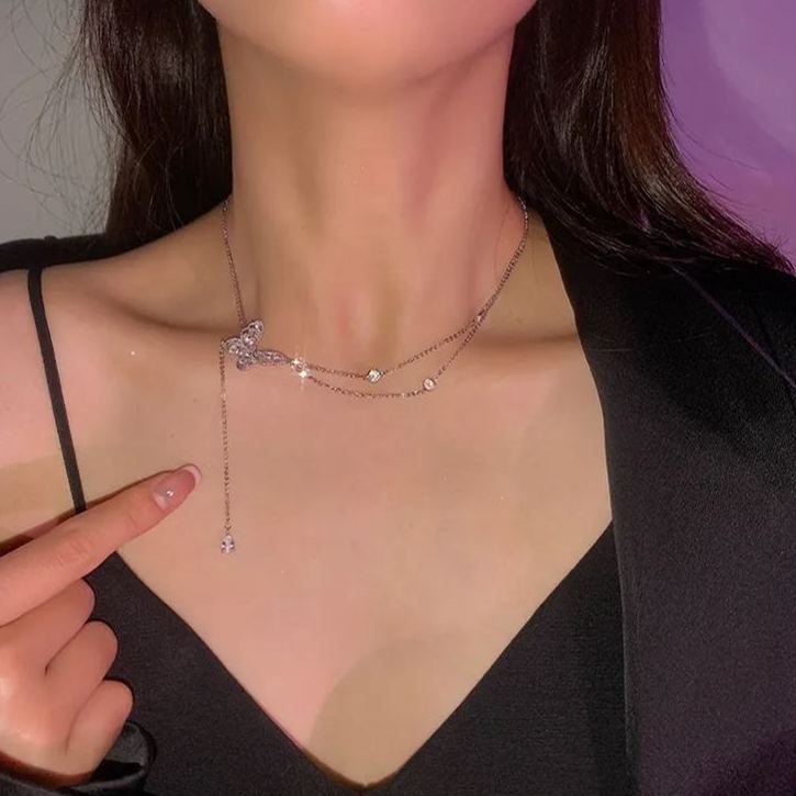 🌸2024 Spring Hot Sale✨Sparkling Zircon Butterfly Tassel Necklace