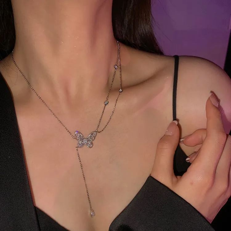 🌸2024 Spring Hot Sale✨Sparkling Zircon Butterfly Tassel Necklace