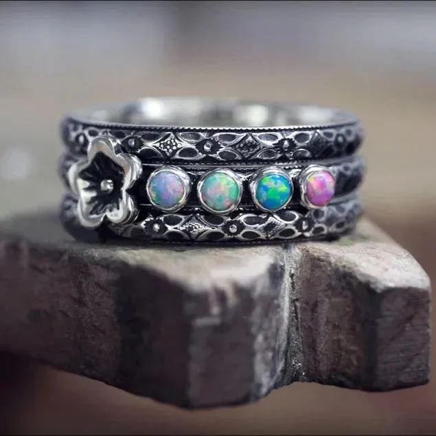 Multi Birthstone Floral Ring Set