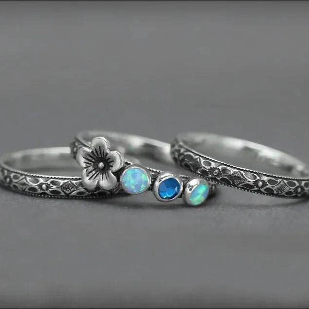 Multi Birthstone Floral Ring Set