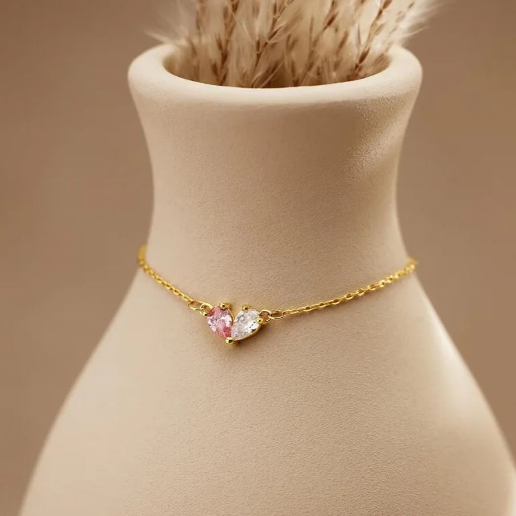 MOTHER AND DAUGHTER FOREVER LINKED TOGETHER CUSTOM HEART BIRTHSTONES BRACELET