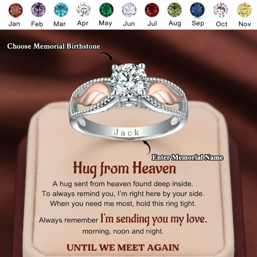 Personalized Hug From Heaven Memorial Angel Wings Ring
