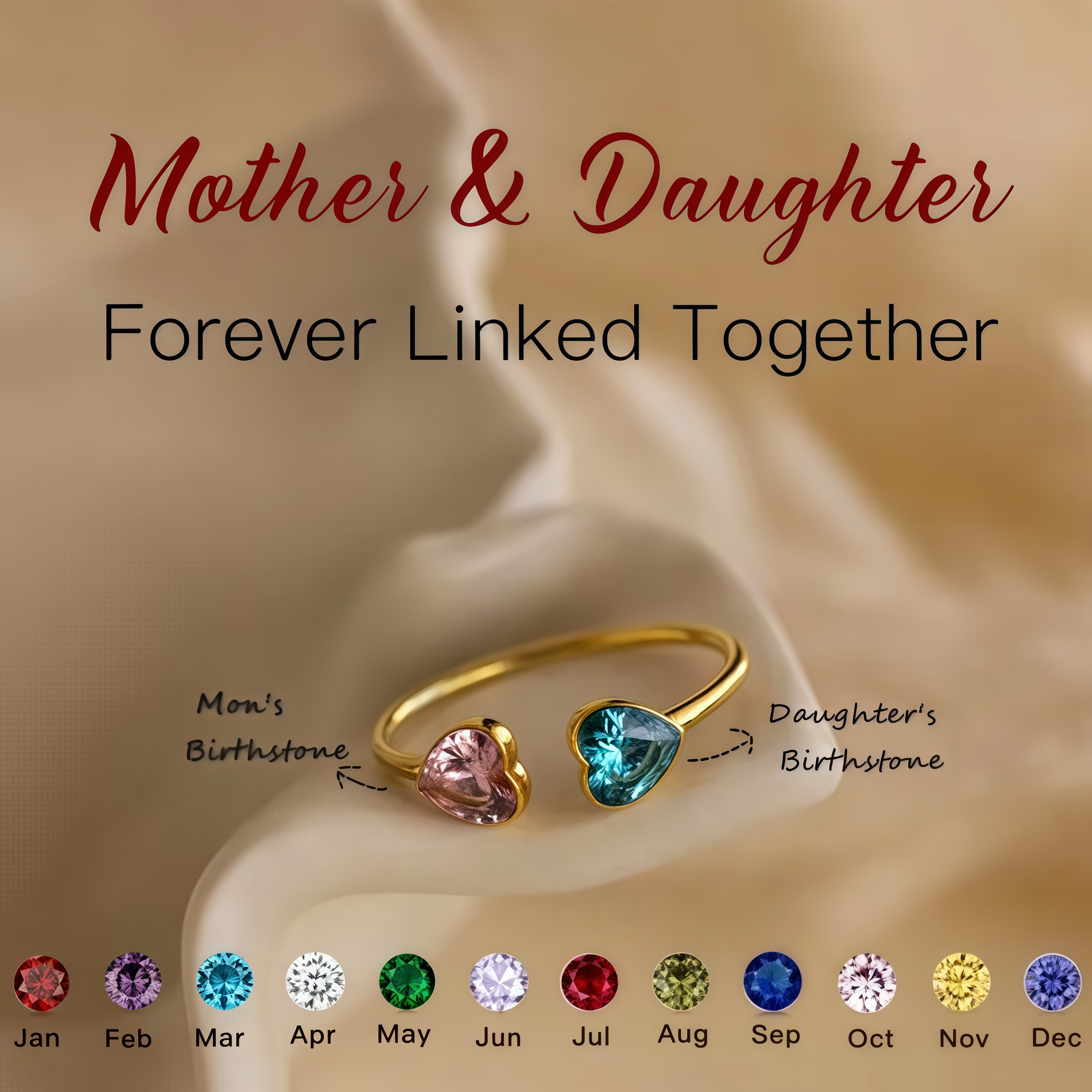 MOTHER AND DAUGHTER FOREVER LINK DOUBLE HEART CUSTOM BIRTHSTONE RING