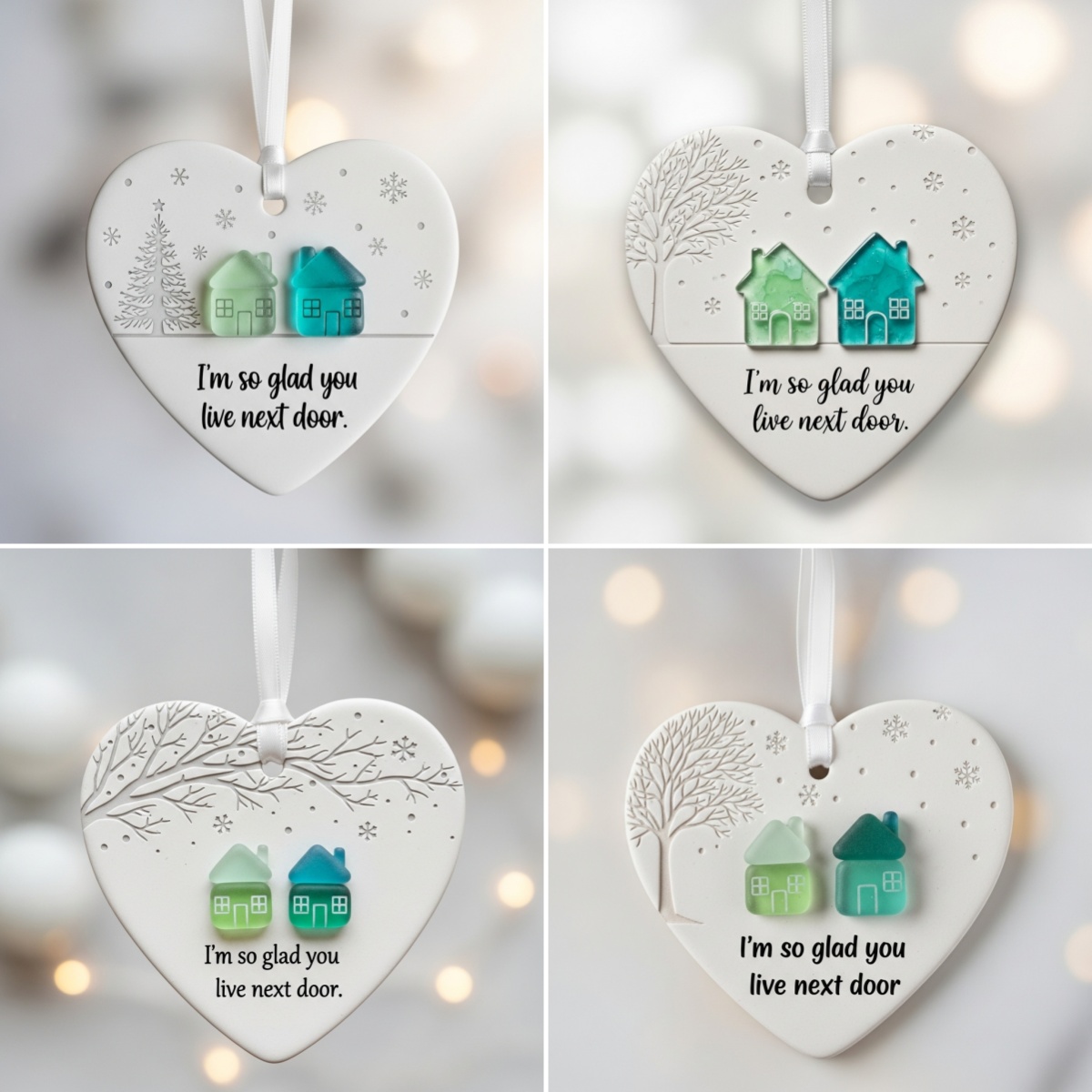 "I'm so glad you live next door" Christmas heart-shaped ornament