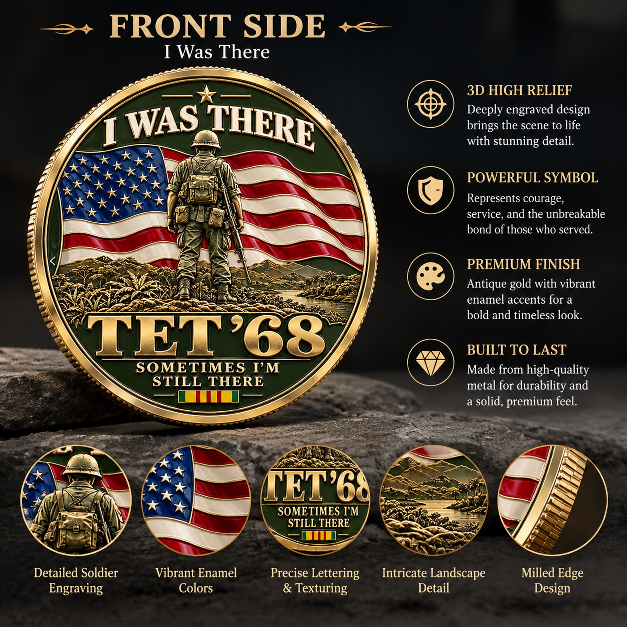 Close product detail of front side with raised relief, American flag, soldier and gold-toned edging