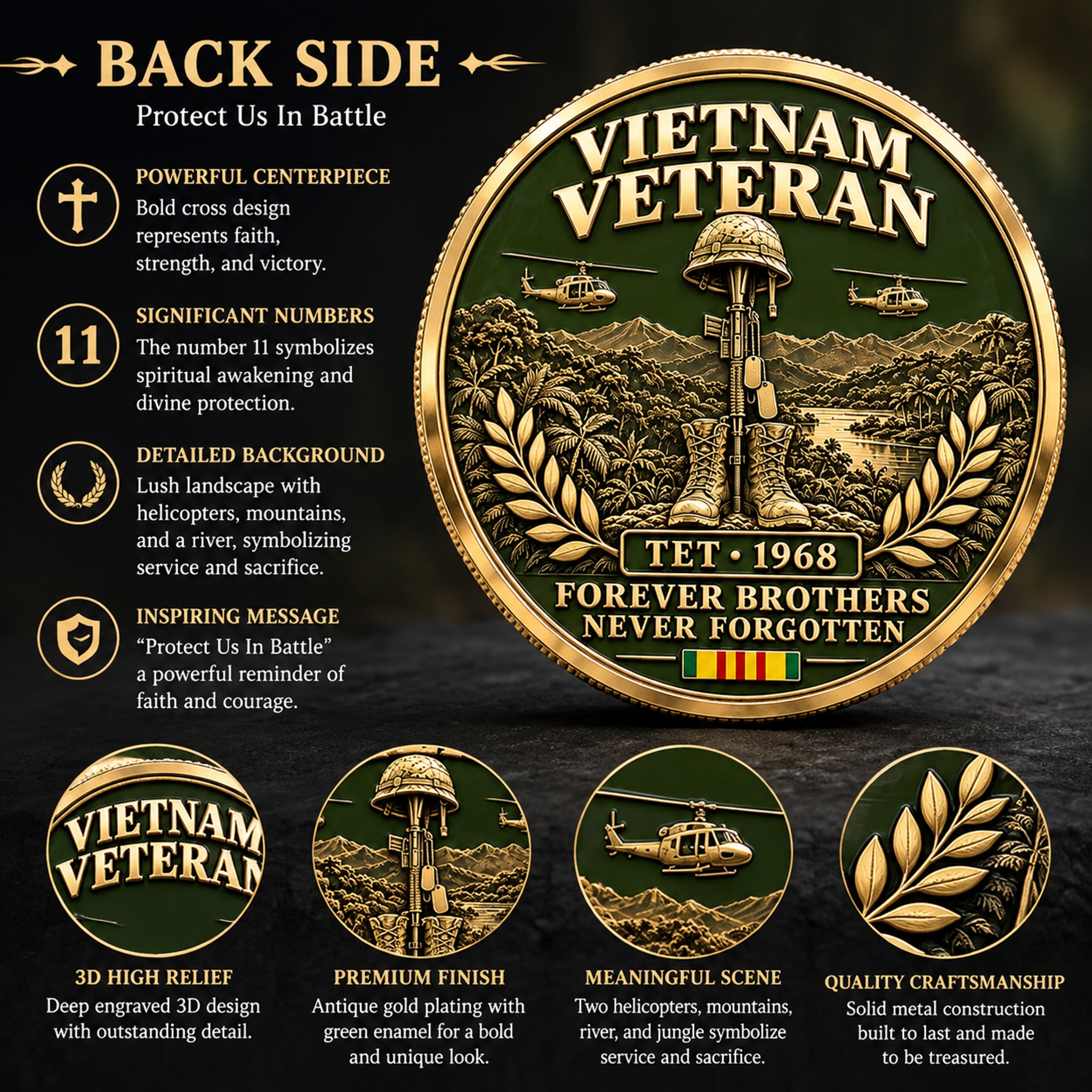 Reverse of Vietnam Veteran Tet 1968 medal showing battlefield memorial, helicopters, and Forever Brothers Never Forgotten