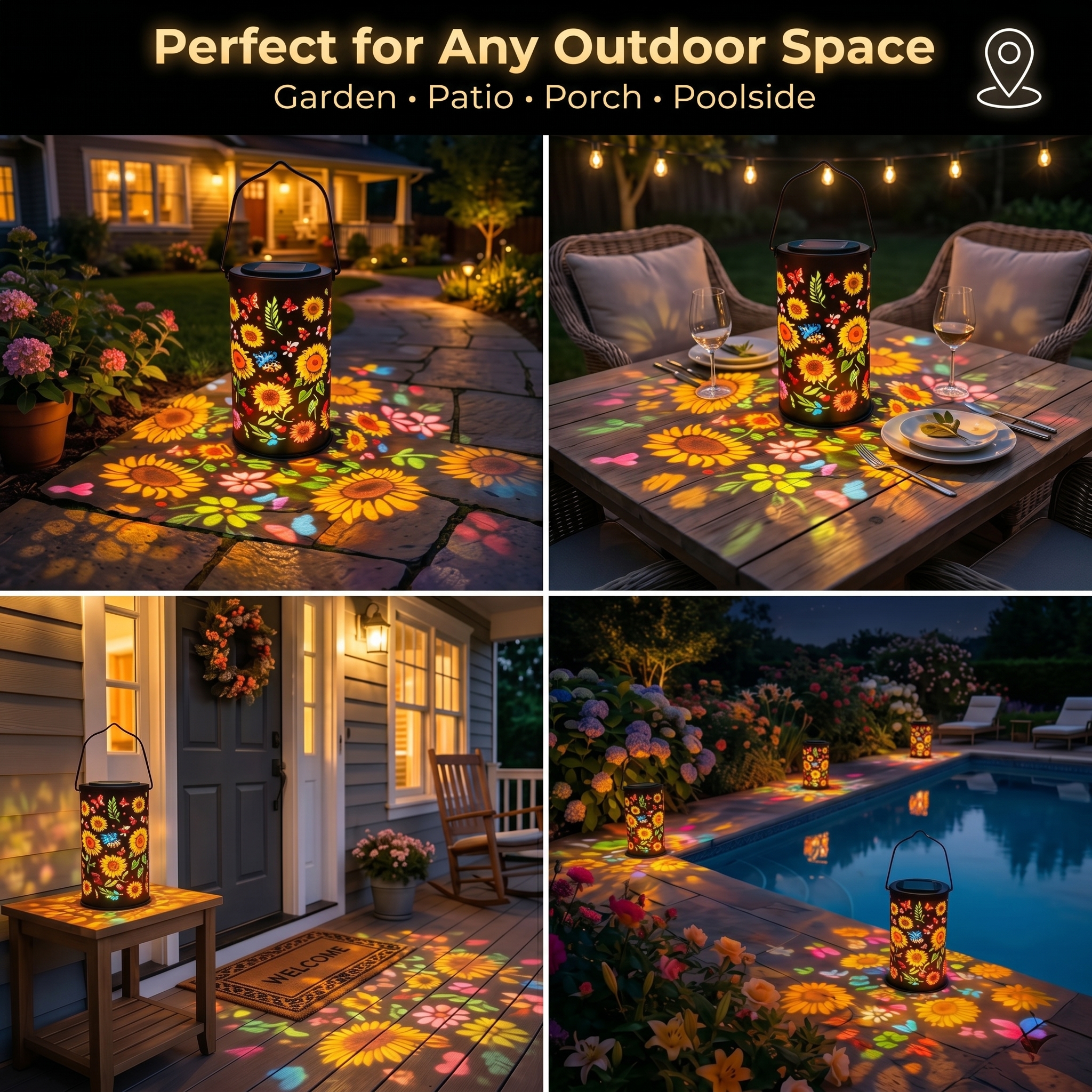 Solar Sunflower Butterfly Projection Lantern – Waterproof Garden Hanging Light