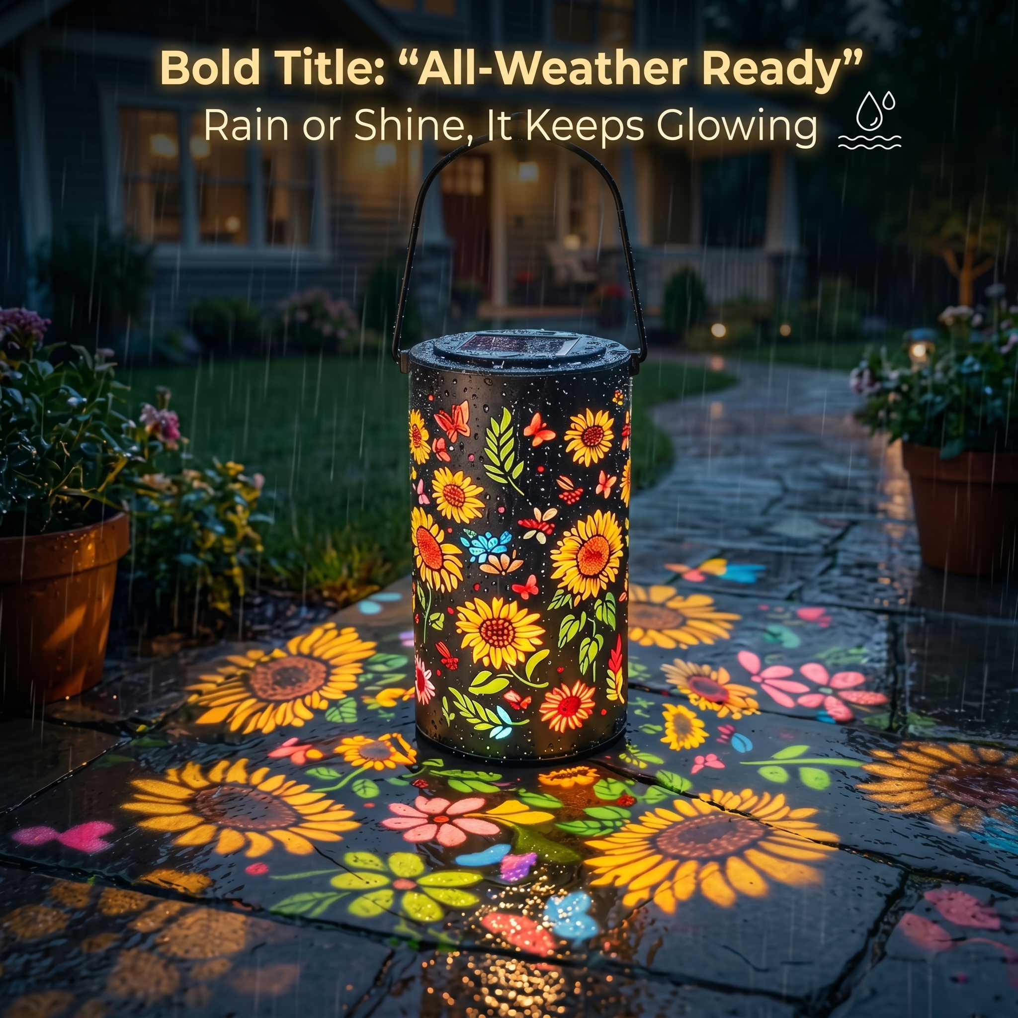 Solar Sunflower Butterfly Projection Lantern – Waterproof Garden Hanging Light