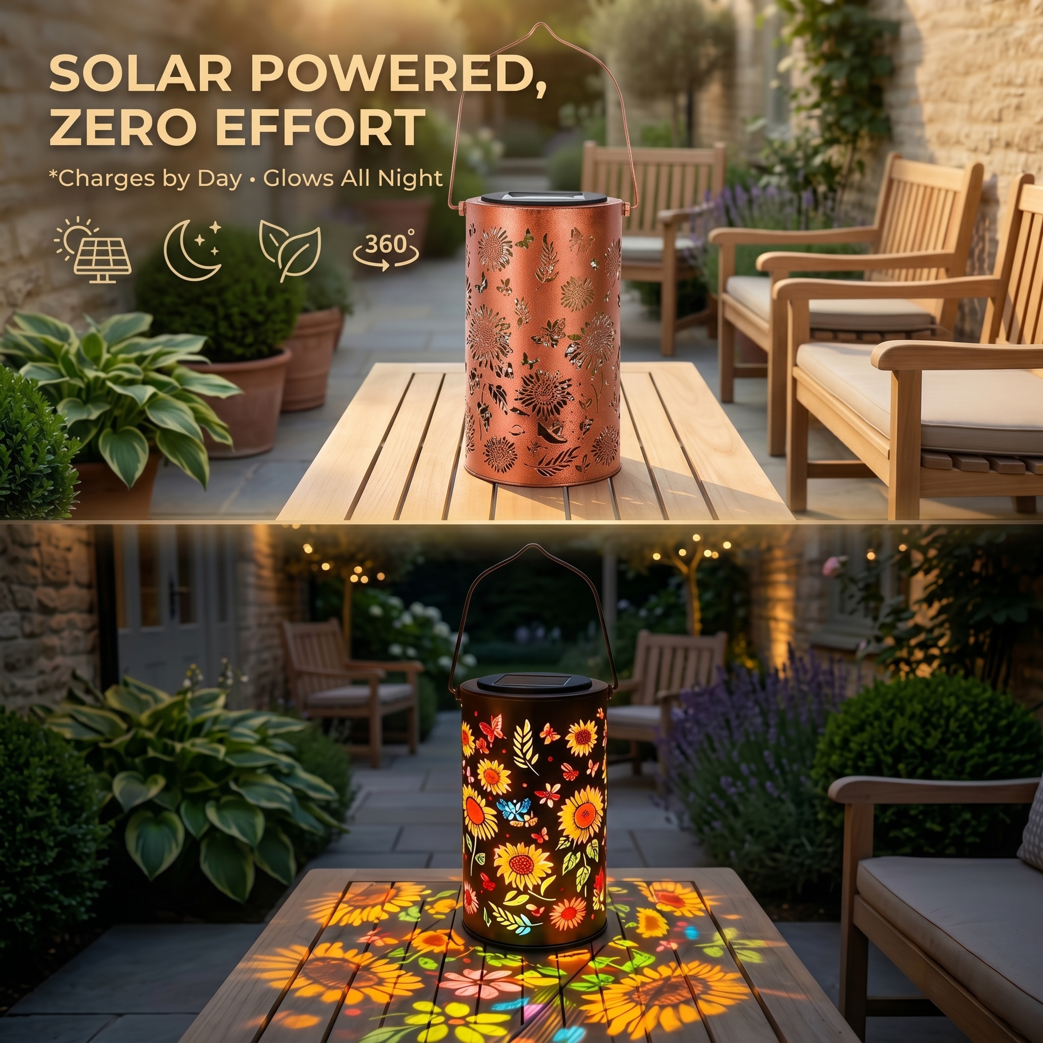 Solar Sunflower Butterfly Projection Lantern – Waterproof Garden Hanging Light