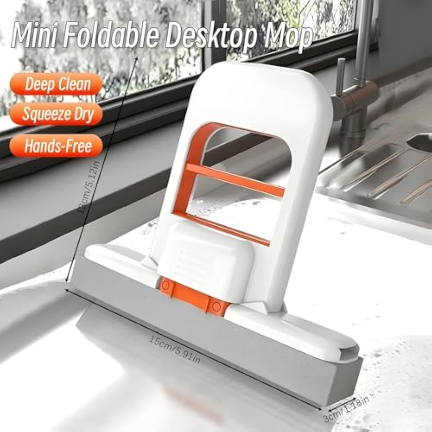 2-Piece Mini Folding Desk Mop - Portable Self-Squeezing Handheld Sponge Mop