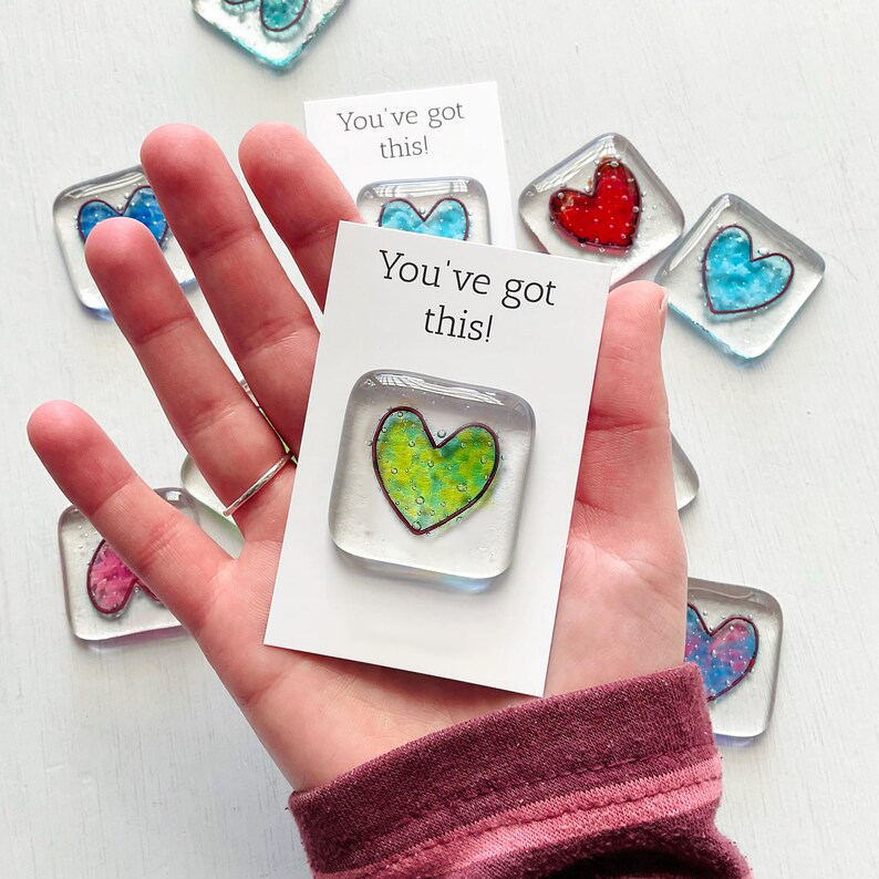 Pocket Token Fused Glass Heart Shaped Keepsake
