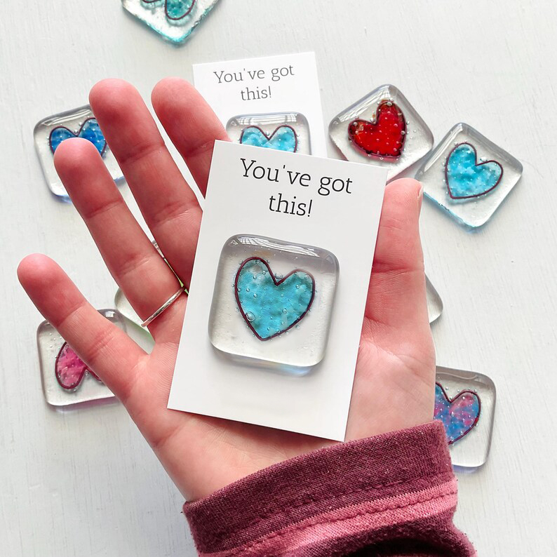 Pocket Token Fused Glass Heart Shaped Keepsake