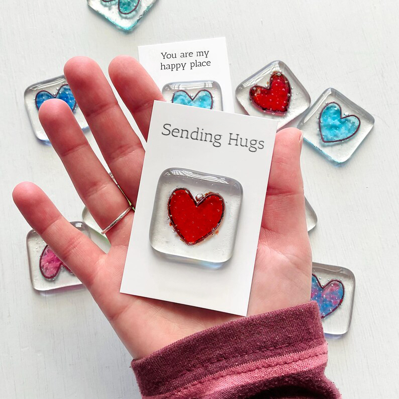 Pocket Token Fused Glass Heart Shaped Keepsake