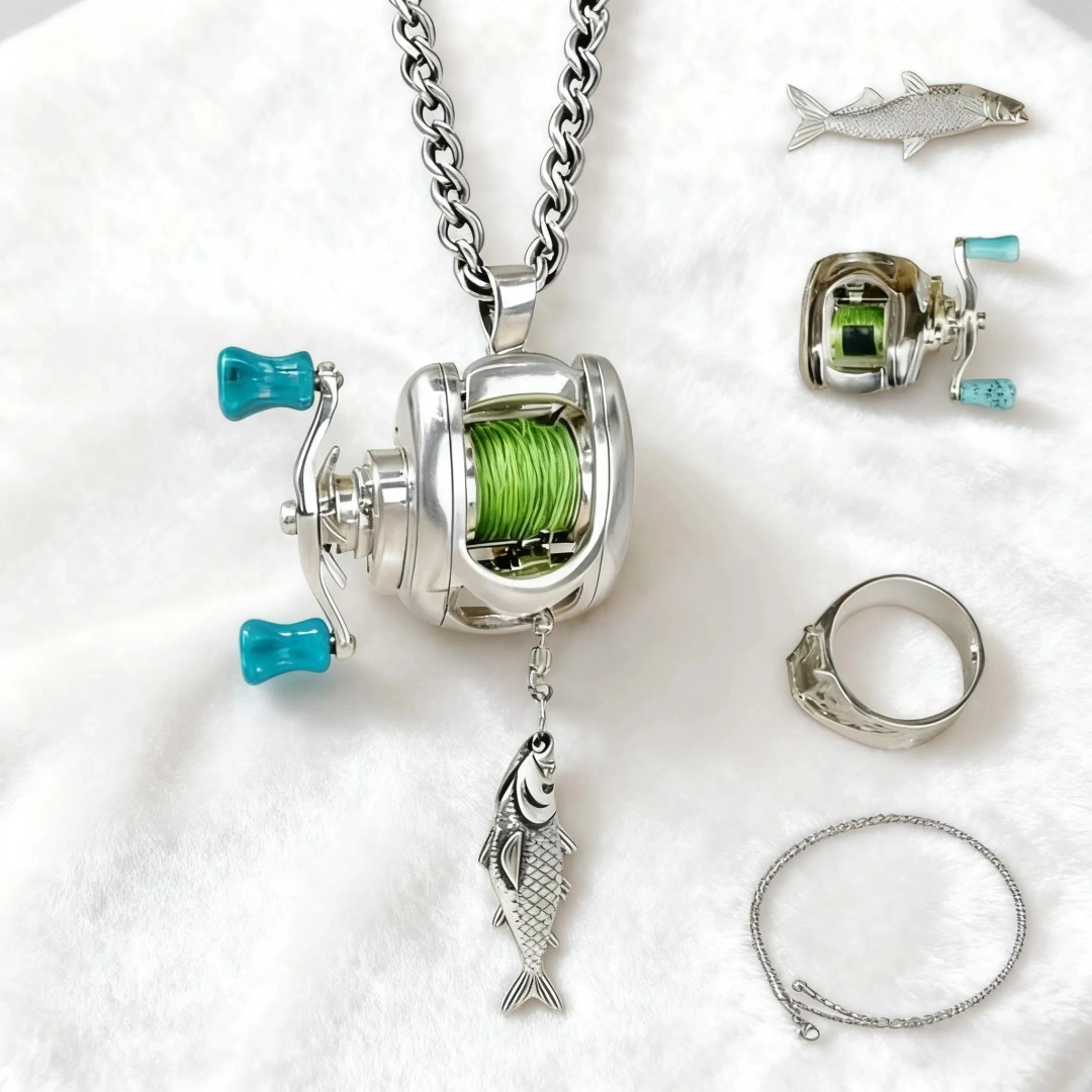 🌲2026 Special Gift 🎁Rotating Mini Fishing Reel Necklace & Ring