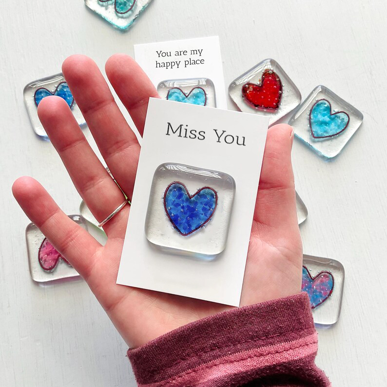 Pocket Token Fused Glass Heart Shaped Keepsake