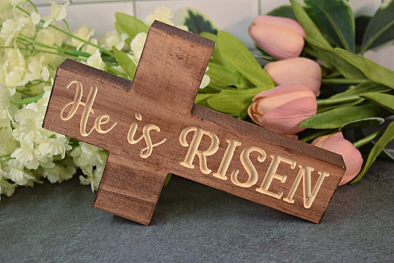 He is Risen rustic cross tiered tray decor