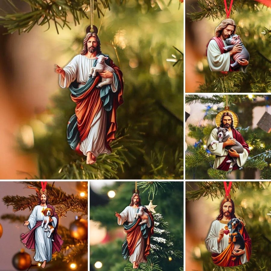 Jesus Hugging Animals Christmas Ornaments