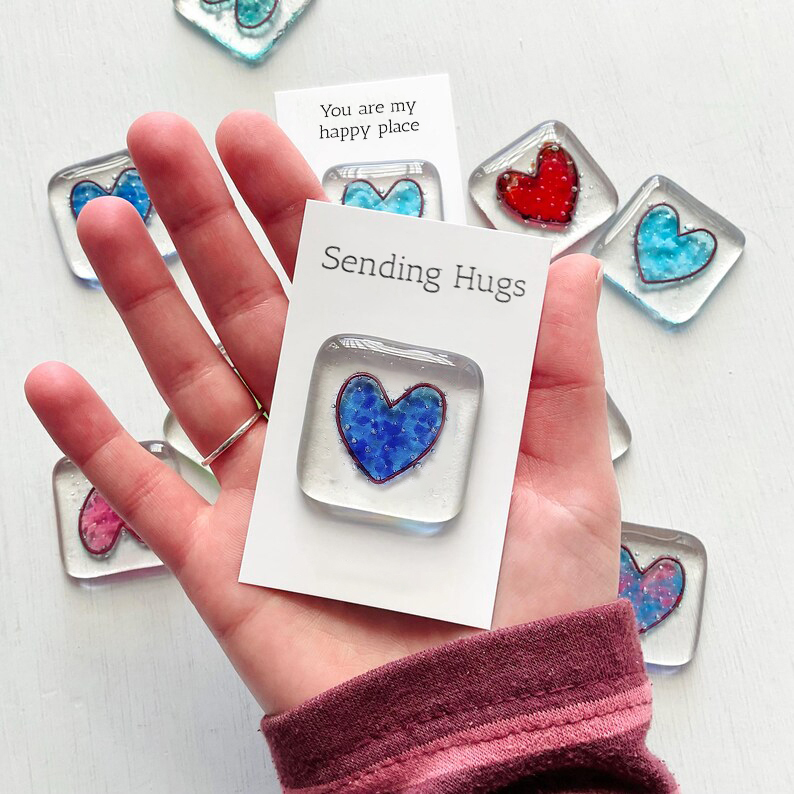 Pocket Token Fused Glass Heart Shaped Keepsake