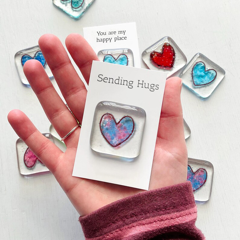 Pocket Token Fused Glass Heart Shaped Keepsake