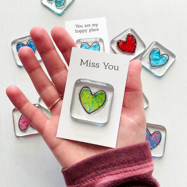 Pocket Token Fused Glass Heart Shaped Keepsake