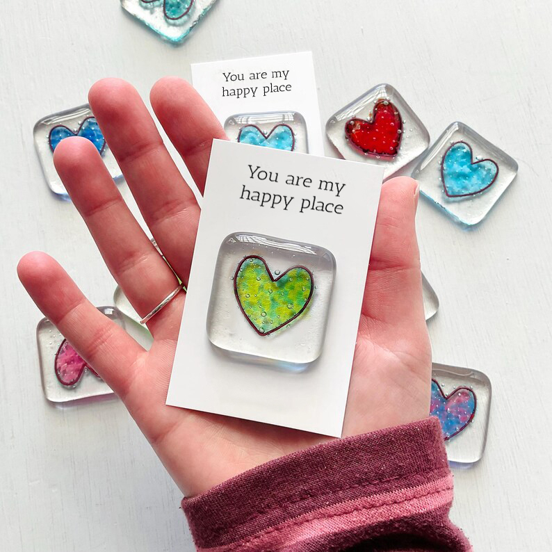Pocket Token Fused Glass Heart Shaped Keepsake