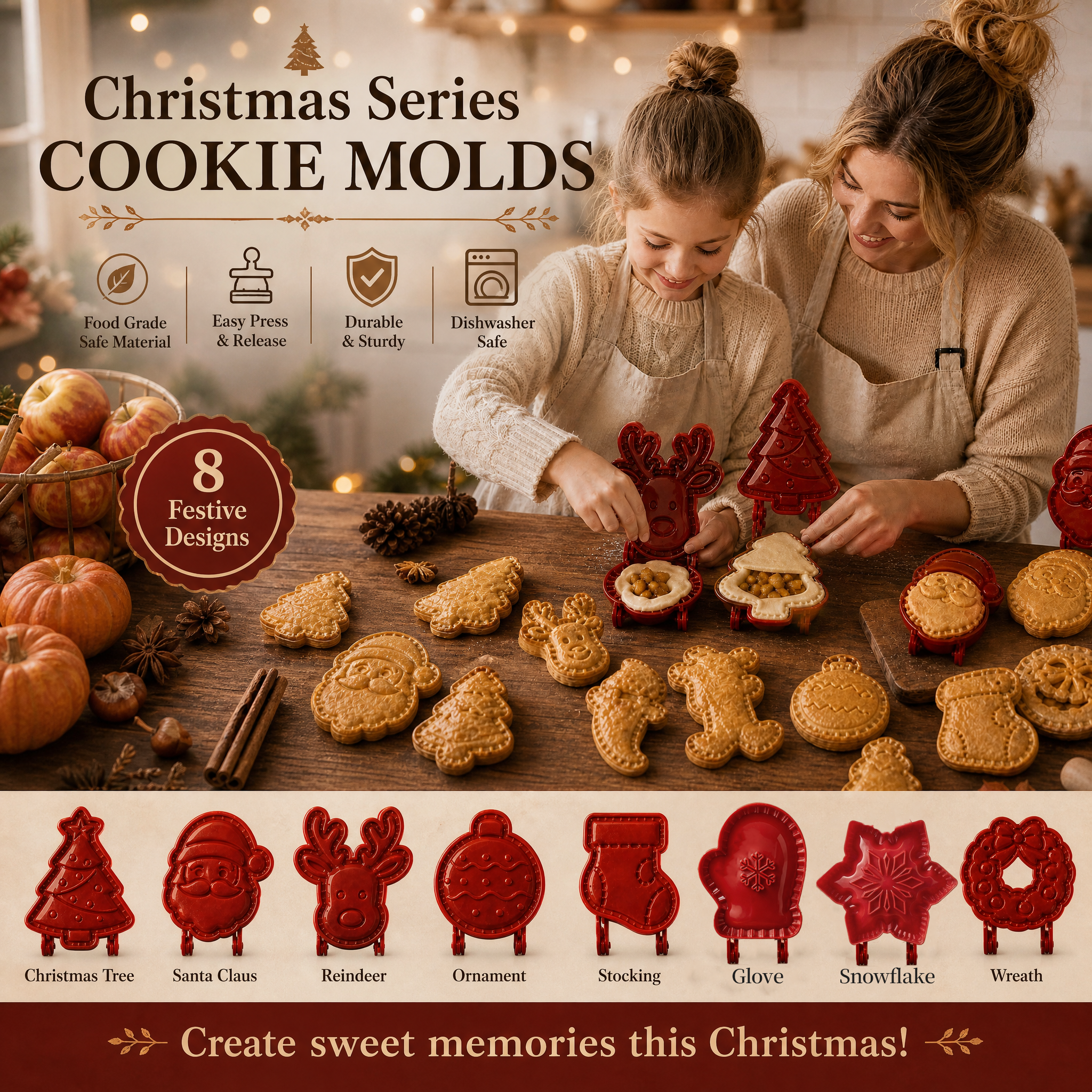 Christmas 8‑Pack Hand‑Press Cookie & Hand Pie Molds