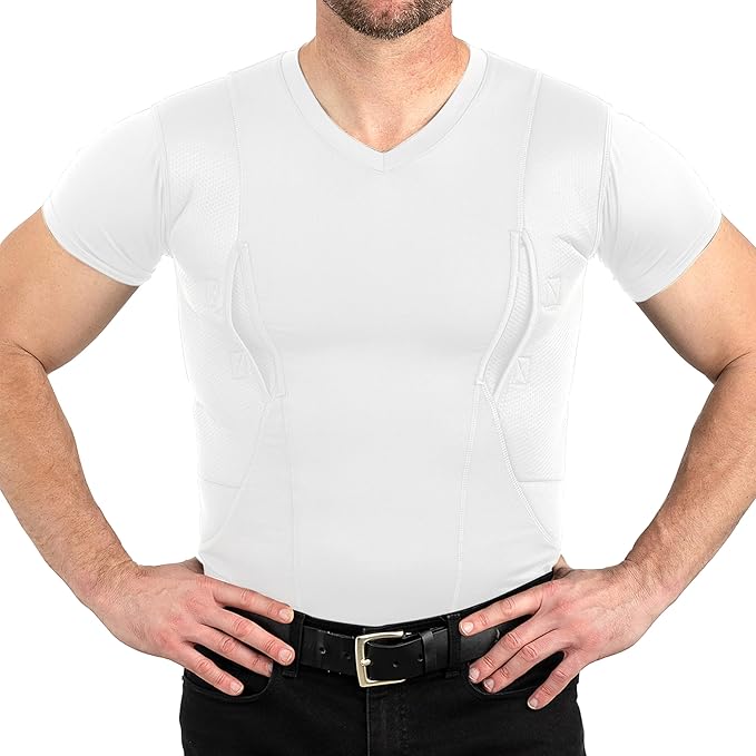 CCW Tactical Concealed Carry Holster Shirt | Secure Velcro Pocket with Large Storage | Mens V-Neck
