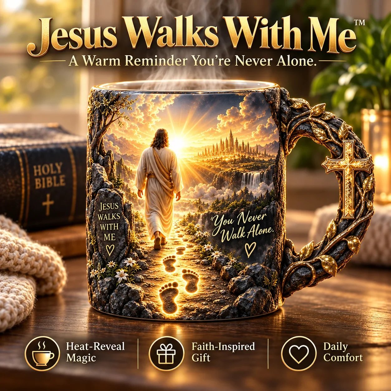 Jesus Walks With Me faith mug with Christian artwork and cross-inspired handle